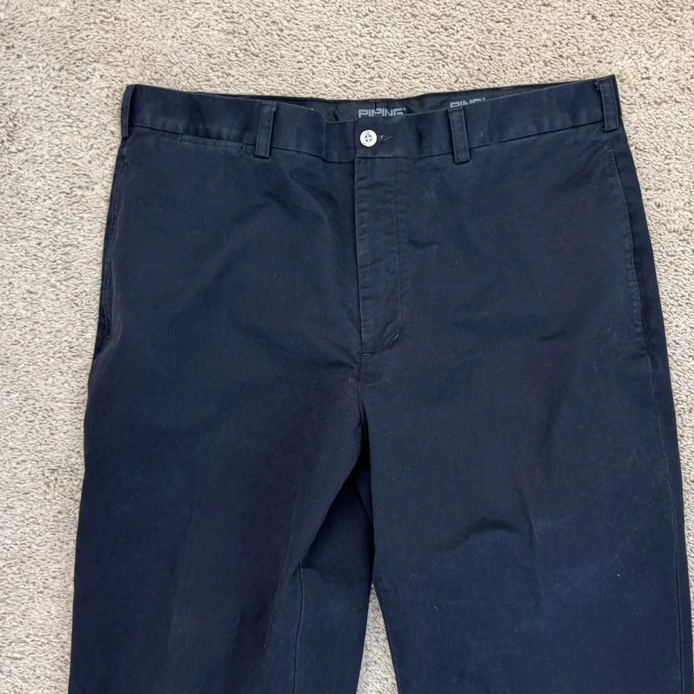 PING Chino Pants Mens (38x28 Actual)‎ Black Cotton Casual Flat Front Trousers